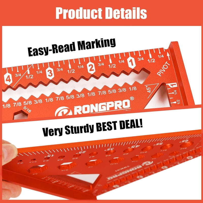 RONGPRO 6-in-1 Carpenter Square 7 inch, Aluminum Rafter Square, Multi-Purpose Carpenter Tools : Wrench, Square, Protractor, Ruler, Marking Gauge, Drill Gauge, Includes 2pcs Carpentry Pencil (Champange) - Image 5